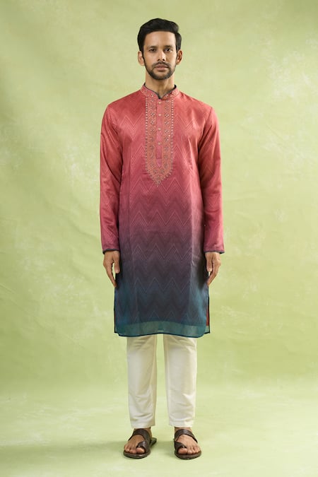 Buy Arihant Rai Sinha Red Viscose Embroidery Gradient Zig Zag Print Kurta Online at Aza Fashions Buy_Arihant Rai Sinha_Red Viscose Embroidery Gradient Zig Zag Print Kurta_Online_at_Aza_Fashions