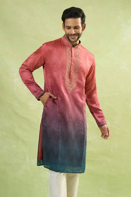 Shop Arihant Rai Sinha Red Viscose Embroidery Gradient Zig Zag Print Kurta Online at Aza Fashions Shop_Arihant Rai Sinha_Red Viscose Embroidery Gradient Zig Zag Print Kurta_Online_at_Aza_Fashions