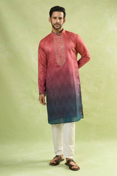 Arihant Rai Sinha Red Viscose Embroidery Gradient Zig Zag Print Kurta at Aza Fashions Arihant Rai Sinha_Red Viscose Embroidery Gradient Zig Zag Print Kurta_at_Aza_Fashions