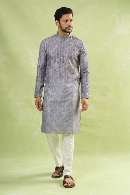 Buy_Arihant Rai Sinha_Gray Cotton, Viscose Embroidery Bloom Print Kurta Set _Online_at_Aza_Fashions