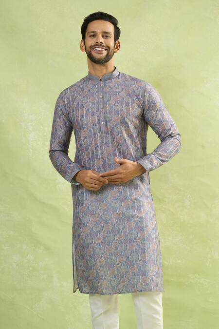Shop_Arihant Rai Sinha_Gray Cotton, Viscose Embroidery Bloom Print Kurta Set _Online_at_Aza_Fashions