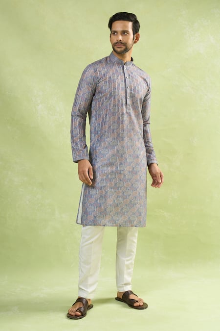 Shop_Arihant Rai Sinha_Gray Viscose Bloom Print Full Sleeves Kurta _Online_at_Aza_Fashions