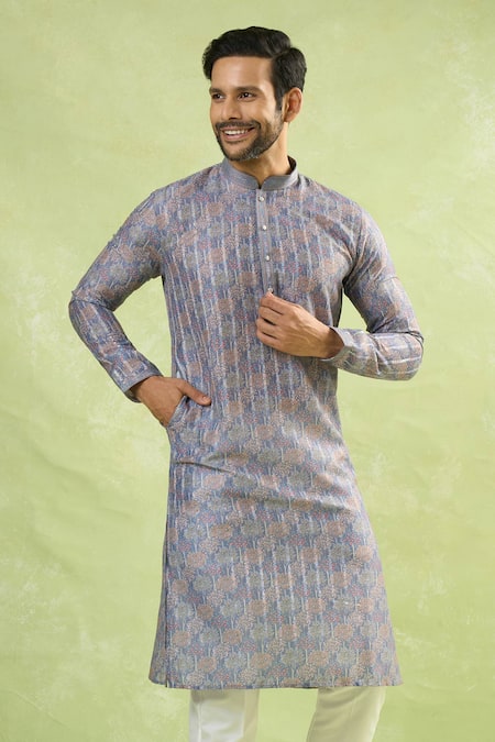 Arihant Rai Sinha_Gray Viscose Bloom Print Full Sleeves Kurta _at_Aza_Fashions