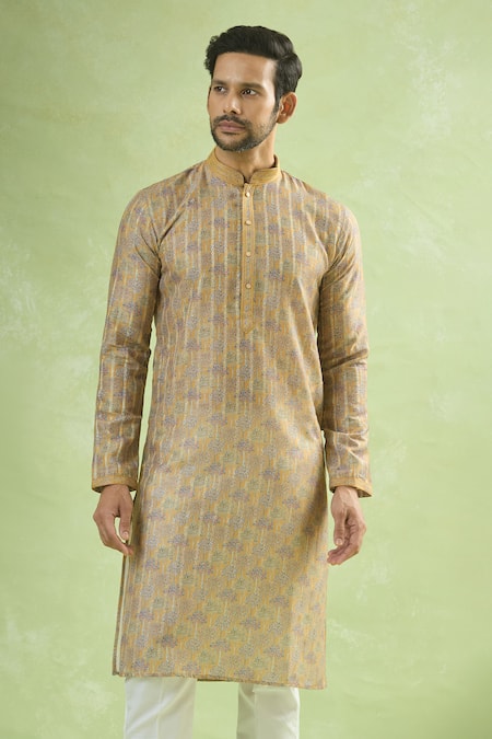 Buy_Arihant Rai Sinha_Yellow Cotton, Viscose Bloomy Print Kurta Set _Online_at_Aza_Fashions