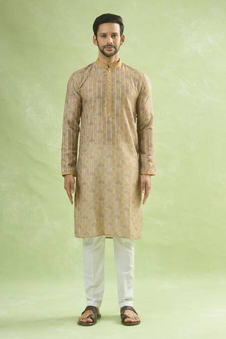 Arihant Rai Sinha_Yellow Cotton, Viscose Bloomy Print Kurta Set _at_Aza_Fashions