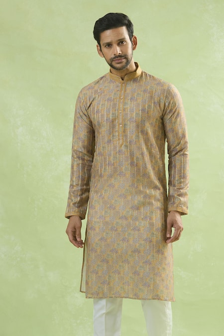 Arihant Rai Sinha_Yellow Viscose Bloomy Print Kurta _at_Aza_Fashions