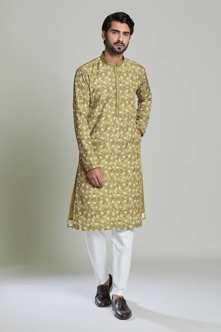 Arihant Rai Sinha_Green Viscose, Polyester Foliage Print Kurta Set_at_Aza_Fashions