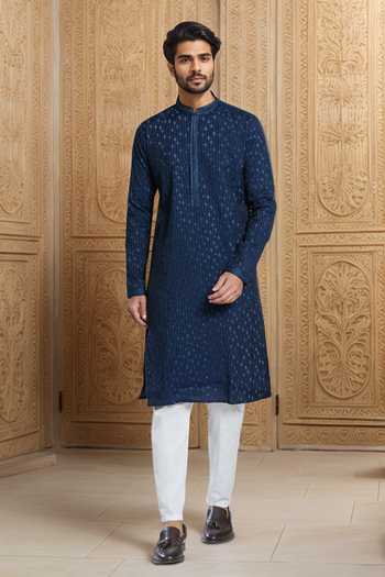 Arihant Rai Sinha Navy Blue Geometric Stripe Embroidered Kurta Set 