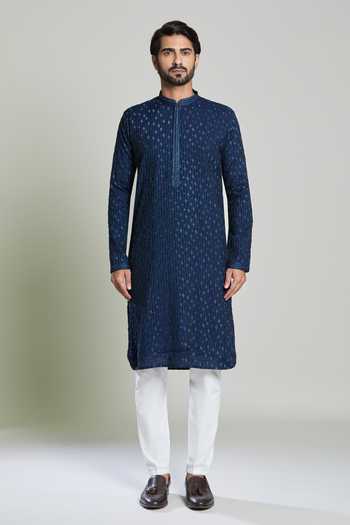 Buy_Arihant Rai Sinha_Blue Viscose, Polyester Embroidery Navy Geometric Stripe Kurta Set _Online_at_Aza_Fashions