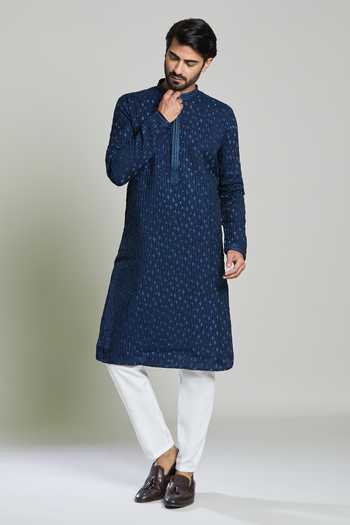 Shop_Arihant Rai Sinha_Blue Viscose, Polyester Embroidery Navy Geometric Stripe Kurta Set _Online_at_Aza_Fashions
