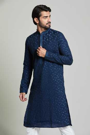Arihant Rai Sinha_Blue Viscose, Polyester Embroidery Navy Geometric Stripe Kurta Set _at_Aza_Fashions