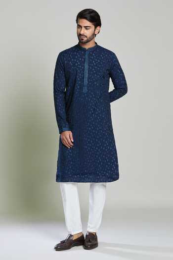 Buy_Arihant Rai Sinha_Blue Viscose, Polyester Embroidery Navy Geometric Stripe Kurta Set 