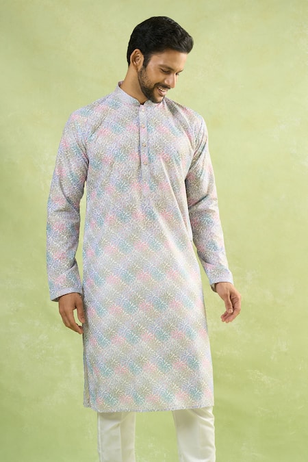 Arihant Rai Sinha_Multi Color Viscose Embroidery Chikankari Gradient Printed Kurta _at_Aza_Fashions