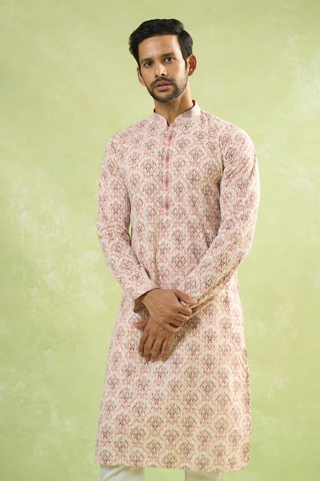 Arihant Rai Sinha_Red Viscose, Cotton Embroidery Chikankari Jaal Kurta Set _Online_at_Aza_Fashions