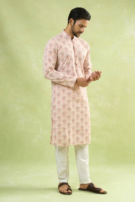 Shop_Arihant Rai Sinha_Red Viscose, Cotton Embroidery Chikankari Jaal Kurta Set _Online_at_Aza_Fashions