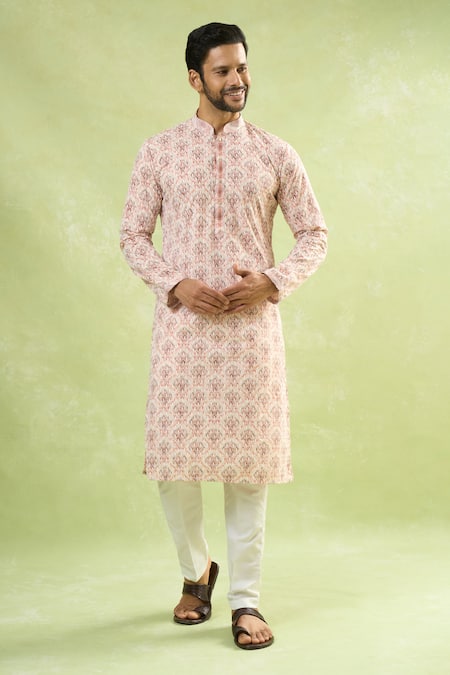 Arihant Rai Sinha_Red Viscose, Cotton Embroidery Chikankari Jaal Kurta Set _at_Aza_Fashions