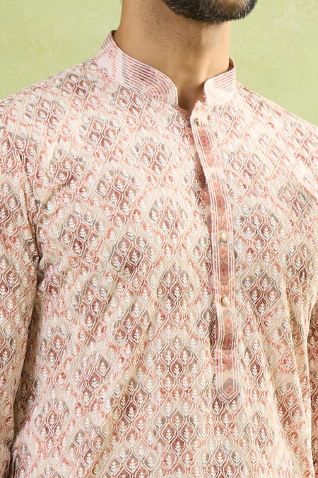 Arihant Rai Sinha_Red Viscose Embroidery Chikankari Jaal Kurta _Online_at_Aza_Fashions