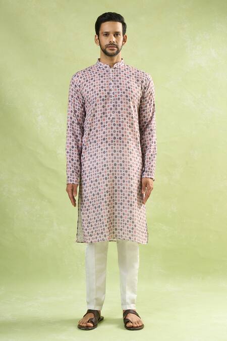Shop_Arihant Rai Sinha_Gray Viscose, Silk, Cotton Geometric Print Kurta And Pant Set_Online_at_Aza_Fashions
