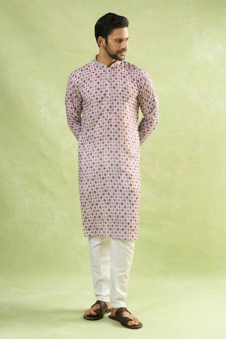 Buy_Arihant Rai Sinha_Gray Viscose, Silk, Cotton Geometric Print Kurta And Pant Set