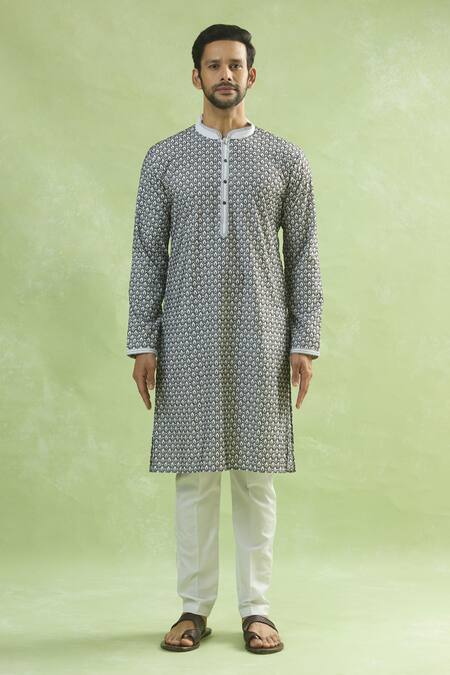 Arihant Rai Sinha_Black Viscose, Silk Embroidery And White Thread Kurta_Online_at_Aza_Fashions