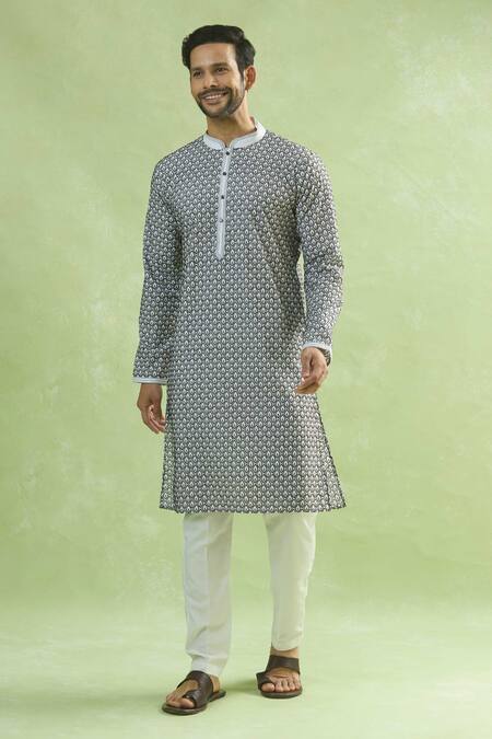 Buy_Arihant Rai Sinha_Black Viscose, Silk Embroidery And White Thread Kurta_Online_at_Aza_Fashions