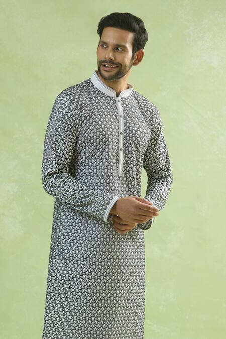 Shop_Arihant Rai Sinha_Black Viscose, Silk Embroidery And White Thread Kurta