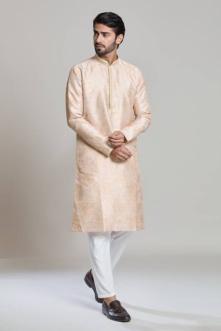 Shop_Arihant Rai Sinha_Peach Viscose, Polyester Mughal Geometric Printed Kurta And Pant Set_Online_at_Aza_Fashions