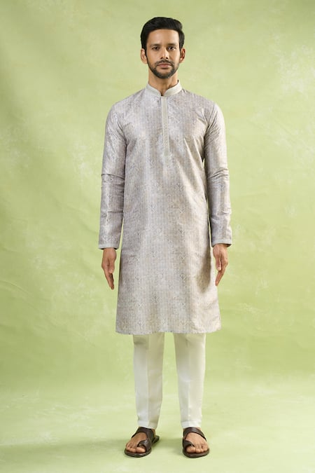 Arihant Rai Sinha Gray Viscose, Polyester Embroidery Mughal Geometric Print Kurta And Pant Set at Aza Fashions Arihant Rai Sinha_Gray Viscose, Polyester Embroidery Mughal Geometric Print Kurta And Pant Set _at_Aza_Fashions