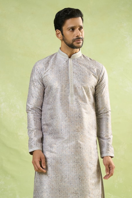 Buy_Arihant Rai Sinha_Gray Viscose Embroidery Mughal Geometric Print Kurta _Online_at_Aza_Fashions