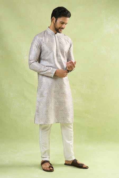 Arihant Rai Sinha_Gray Viscose Embroidery Mughal Geometric Print Kurta _at_Aza_Fashions