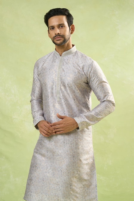 Shop_Arihant Rai Sinha_Gray Viscose Embroidery Mughal Geometric Print Kurta 