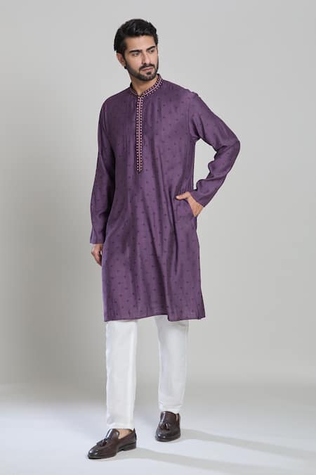 Shop Arihant Rai Sinha Purple Viscose, Silk Mirrors Embroidered Placket Kurta Online at Aza Fashions Shop_Arihant Rai Sinha_Purple Viscose, Silk Mirrors Embroidered Placket Kurta _Online_at_Aza_Fashions