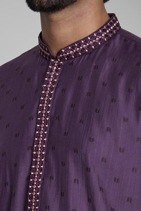 Shop Arihant Rai Sinha Purple Viscose, Silk Mirrors Embroidered Placket Kurta Shop_Arihant Rai Sinha_Purple Viscose, Silk Mirrors Embroidered Placket Kurta