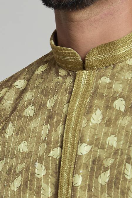 Shop_Arihant Rai Sinha_Green Viscose Sequins Leaf Print Kurta_Online_at_Aza_Fashions