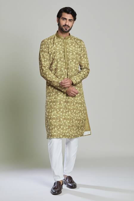 Arihant Rai Sinha_Green Viscose Sequins Leaf Print Kurta_at_Aza_Fashions