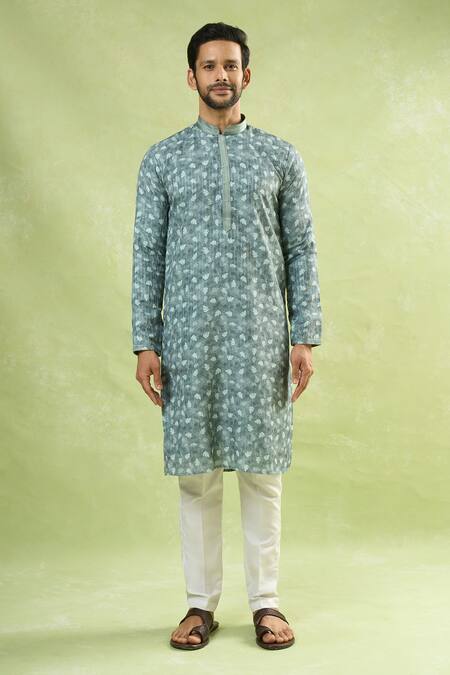 Shop_Arihant Rai Sinha_Green Viscose Sequins Floral Print Embroidered Kurta_Online_at_Aza_Fashions