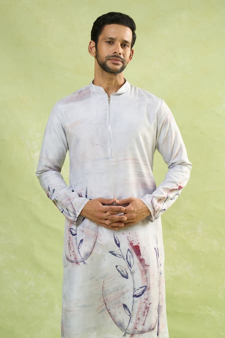 Shop_Arihant Rai Sinha_Cream Viscose Floral Print Kurta_Online_at_Aza_Fashions