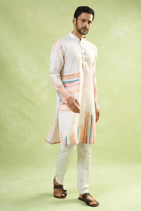 Arihant Rai Sinha_Cream Viscose, Cotton Abstract Stripe Print Kurta And Pant Set_at_Aza_Fashions