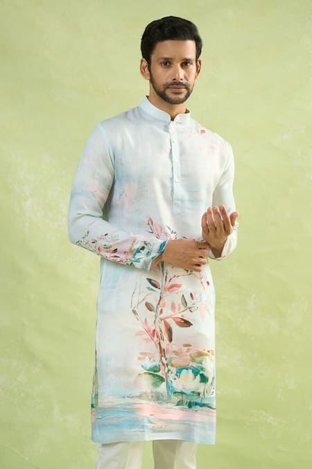 Shop Arihant Rai Sinha Cream Viscose, Cotton Scenic Print Kurta Set With Pant Online at Aza Fashions Shop_Arihant Rai Sinha_Cream Viscose, Cotton Scenic Print Kurta Set With Pant_Online_at_Aza_Fashions