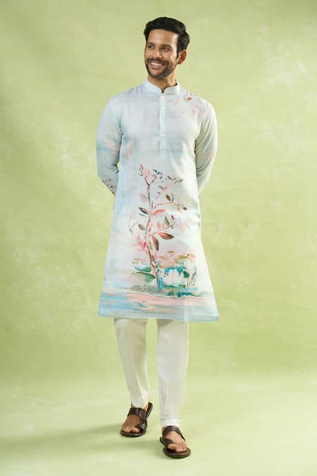 Shop Arihant Rai Sinha Cream Viscose, Cotton Scenic Print Kurta Set With Pant Shop_Arihant Rai Sinha_Cream Viscose, Cotton Scenic Print Kurta Set With Pant