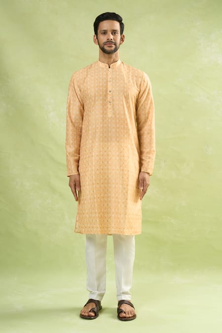 Shop_Arihant Rai Sinha_Yellow Viscose, Cotton Floral Butta Print Kurta Set _Online_at_Aza_Fashions
