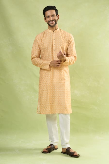 Arihant Rai Sinha_Yellow Viscose, Cotton Floral Butta Print Kurta Set _at_Aza_Fashions