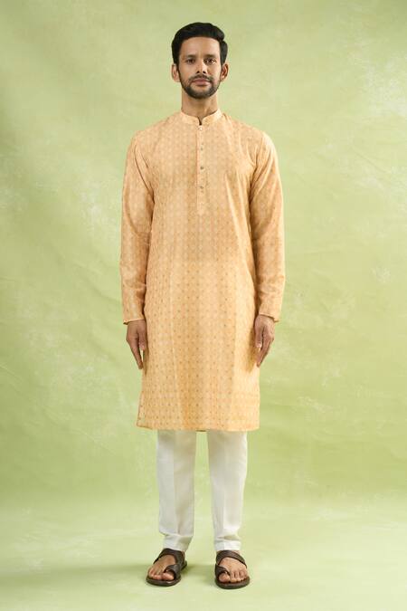 Arihant Rai Sinha_Yellow Viscose Embroidery Floral Butta Print Straight Kurta _Online_at_Aza_Fashions