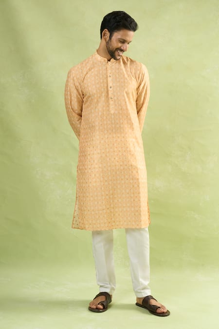 Arihant Rai Sinha_Yellow Viscose Embroidery Floral Butta Print Straight Kurta _at_Aza_Fashions