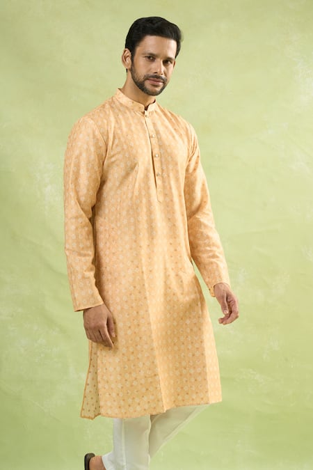 Buy_Arihant Rai Sinha_Yellow Viscose Embroidery Floral Butta Print Straight Kurta 