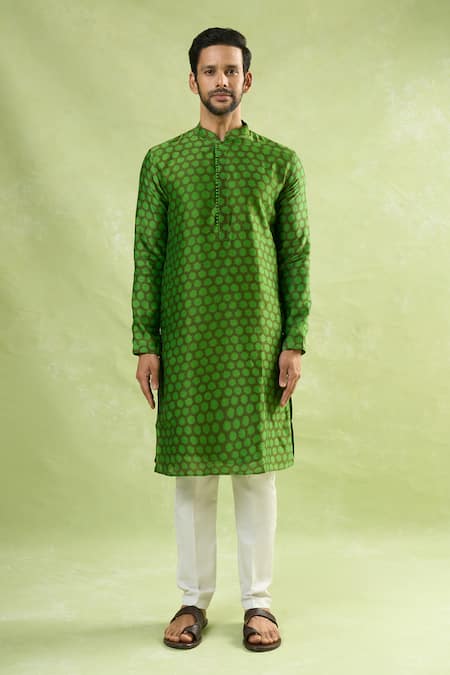 Shop_Arihant Rai Sinha_Green Cotton Abstract Print Kurta Set _Online_at_Aza_Fashions