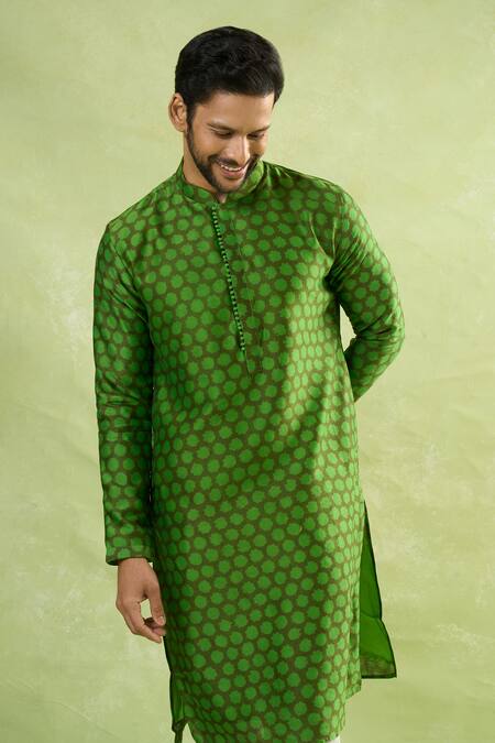 Shop_Arihant Rai Sinha_Green Cotton Abstract Butti Print Kurta _Online_at_Aza_Fashions