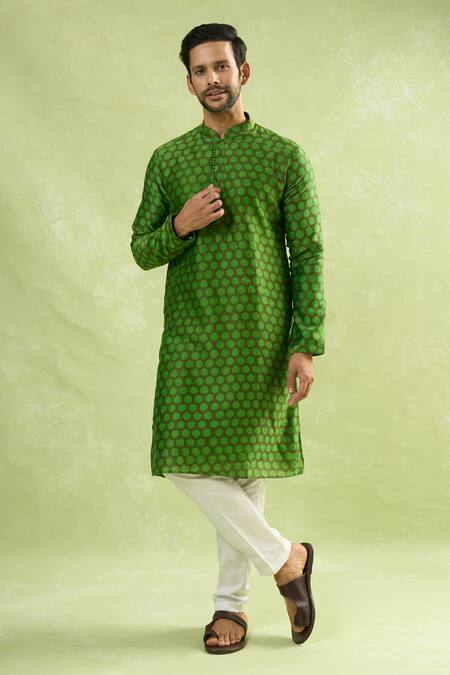 Arihant Rai Sinha_Green Cotton Abstract Butti Print Kurta _at_Aza_Fashions