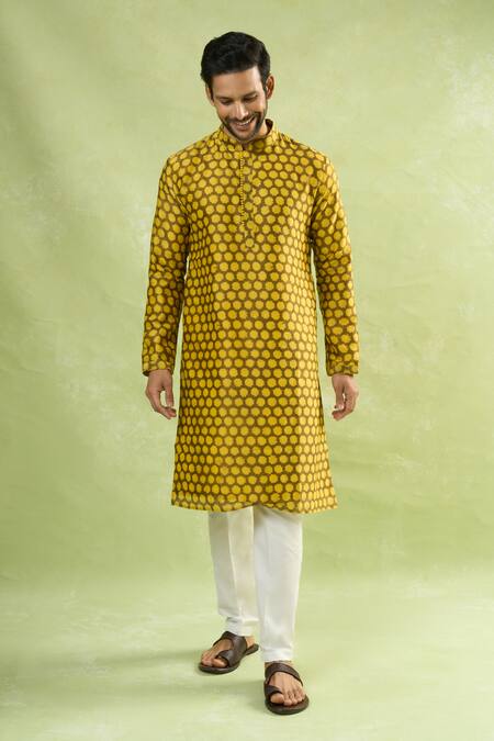 Shop Arihant Rai Sinha Yellow Cotton Abstract Print Kurta Online at Aza Fashions Shop_Arihant Rai Sinha_Yellow Cotton Abstract Print Kurta _Online_at_Aza_Fashions