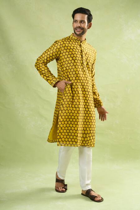 Arihant Rai Sinha Yellow Cotton Abstract Print Kurta at Aza Fashions Arihant Rai Sinha_Yellow Cotton Abstract Print Kurta _at_Aza_Fashions